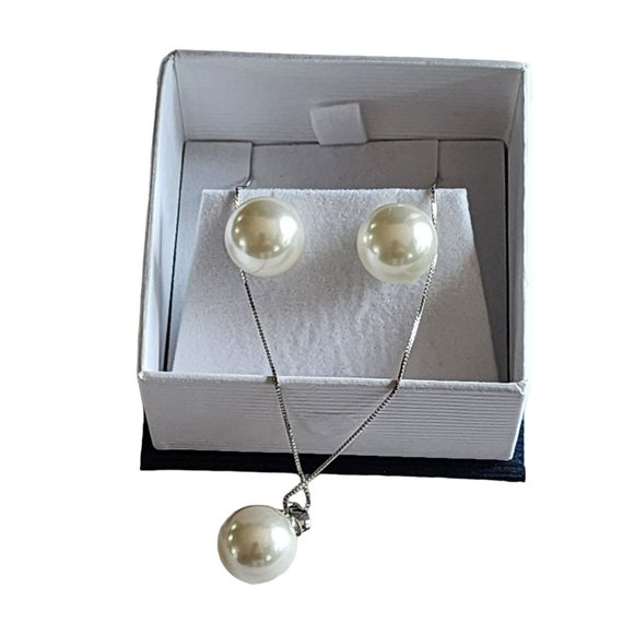 925 Sterling Silver 12mm White Shell Pearl Pendant Necklace And Earrings Set NEW - Picture 13 of 16